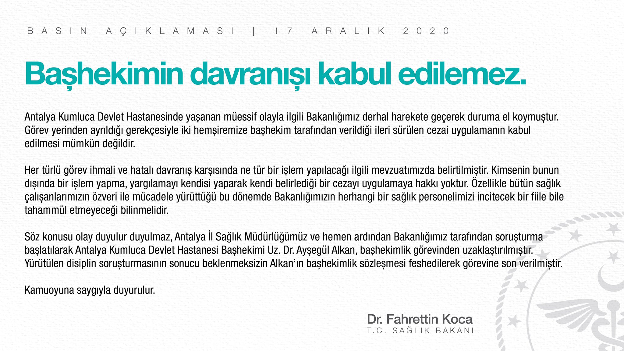 Antalya Kumluca Devlet Hastanesi Başhekim Dr. Ayşegül Alkan kimdir? Kaç yaşında? Nereli? Neden görevden alındı? Ne doktoru?