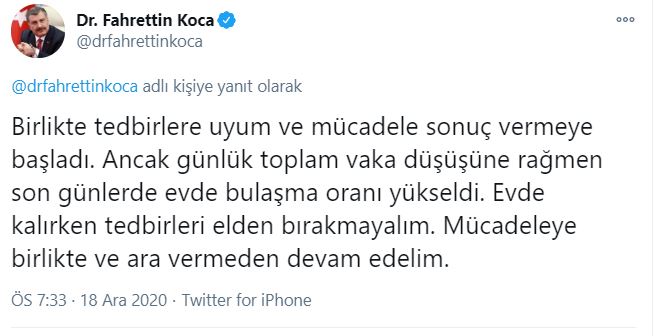Bakan Koca: Toplam vaka düşüşüne rağmen evde bulaşma oranı yükseldi
