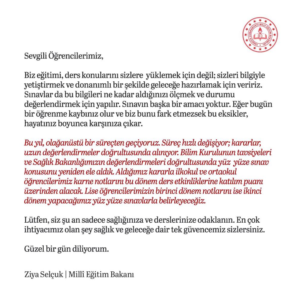 Yüz yüze sınavlar hakkında flaş karar