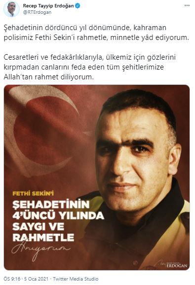 Cumhurbaşkanı Erdoğan'dan 'Fethi Sekin' paylaşımı!