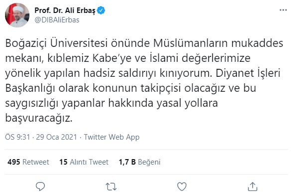 Diyanet İşleri Başkanı Ali Erbaş'tan Boğaziçi Üniversitesi önünde Kabe fotoğrafının yere serilmesine sert tepki.