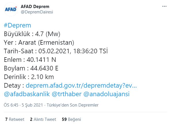 Ermenistan'da 4.7 şiddetinde deprem