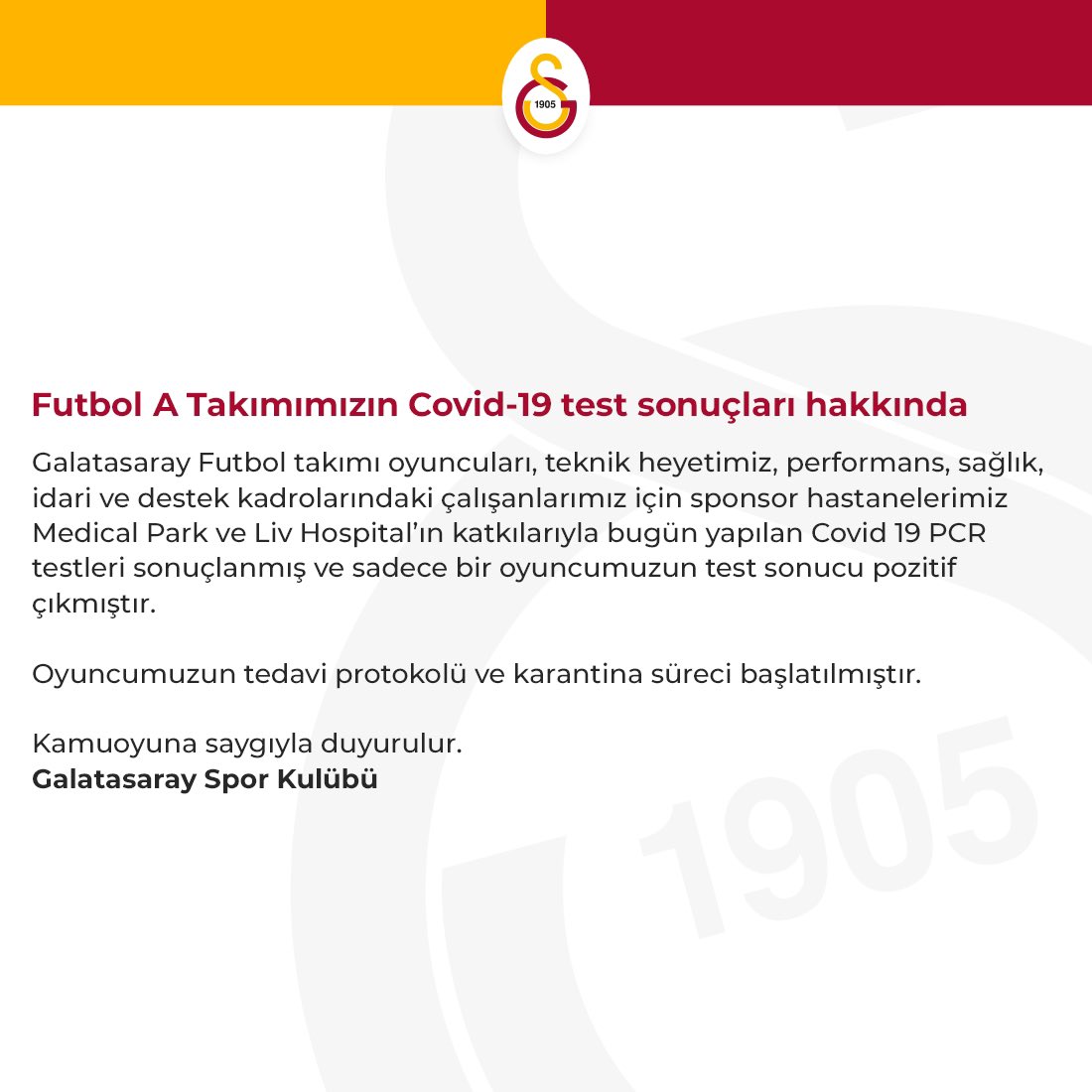 Galatasaray Spor Kulübü duyurdu! Bir futbolcu koronaya yakalandı