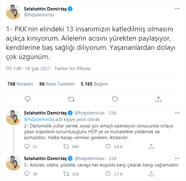 Selahattin Demirtaş: PKK'nin elindeki 13 insanımızın katledilmiş olmasını açıkça kınıyorum