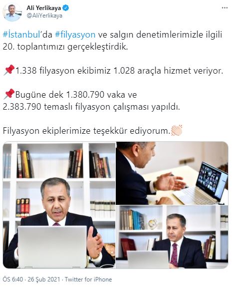 Vali Yerlikaya: Bugüne dek 1.380.790 vaka ve 2.383.790 temaslı filyasyon çalışması yapıldı