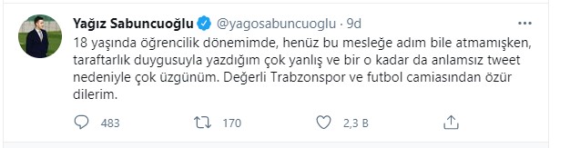 TRT Spor muhabiri Yağız Sabuncuoğlu'nun Trabzonspor tweeti tepki çekti! Taraftar ayağa kalktı