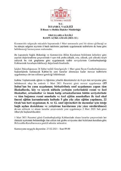 İstanbul Valiliğinden yüz yüze eğitime ilişkin flaş açıklama