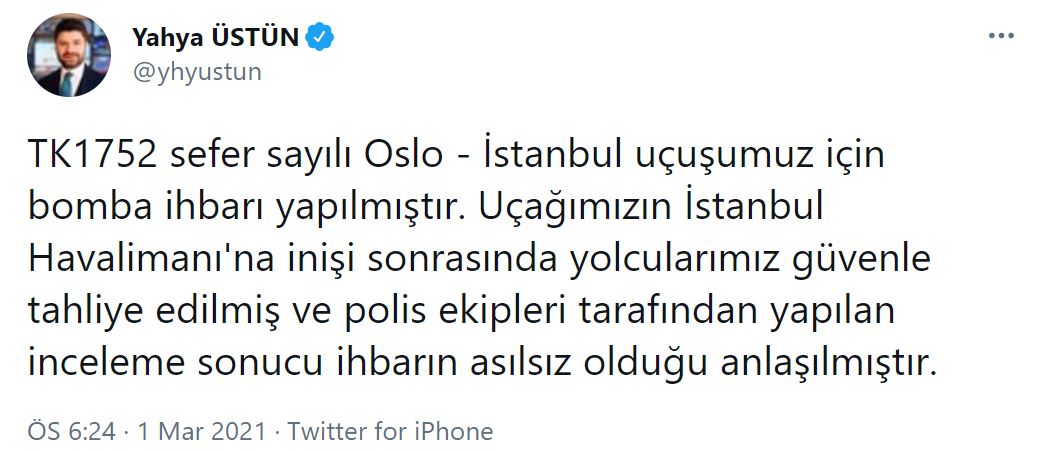 Uçakta bomba ihbarı! THY'den flaş açıklama