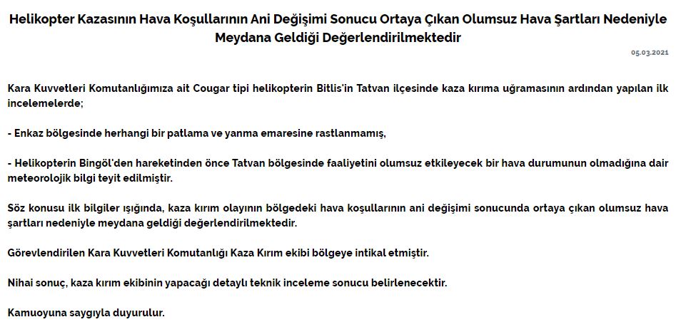Son dakika | Bitlis'teki askeri helikopter kazası ile ilgili  flaş açıklama