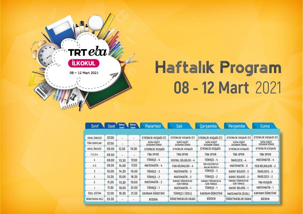 TRT EBA haftalık ders programı | 08-12 Mart 2021 İlkokul, ortaokul ve lise yeni haftanın akışı