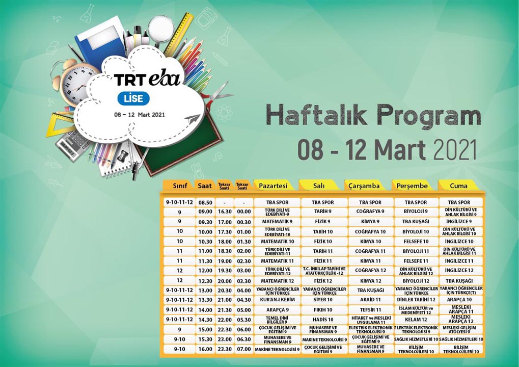 TRT EBA haftalık ders programı | 08-12 Mart 2021 İlkokul, ortaokul ve lise yeni haftanın akışı