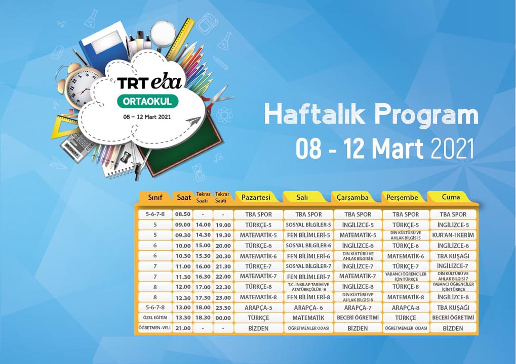 TRT EBA haftalık ders programı | 08-12 Mart 2021 İlkokul, ortaokul ve lise yeni haftanın akışı