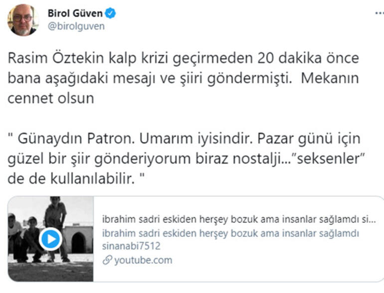 Rasim Öztekin'in kalp krizi geçirmeden hemen önce Birol Güven'e gönderdiği mesaj