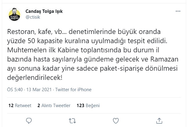 Candaş Tolga Işık yazdı: Kabinede kafe ve restoranların paket siparişe dönmesi değerlendirilecek