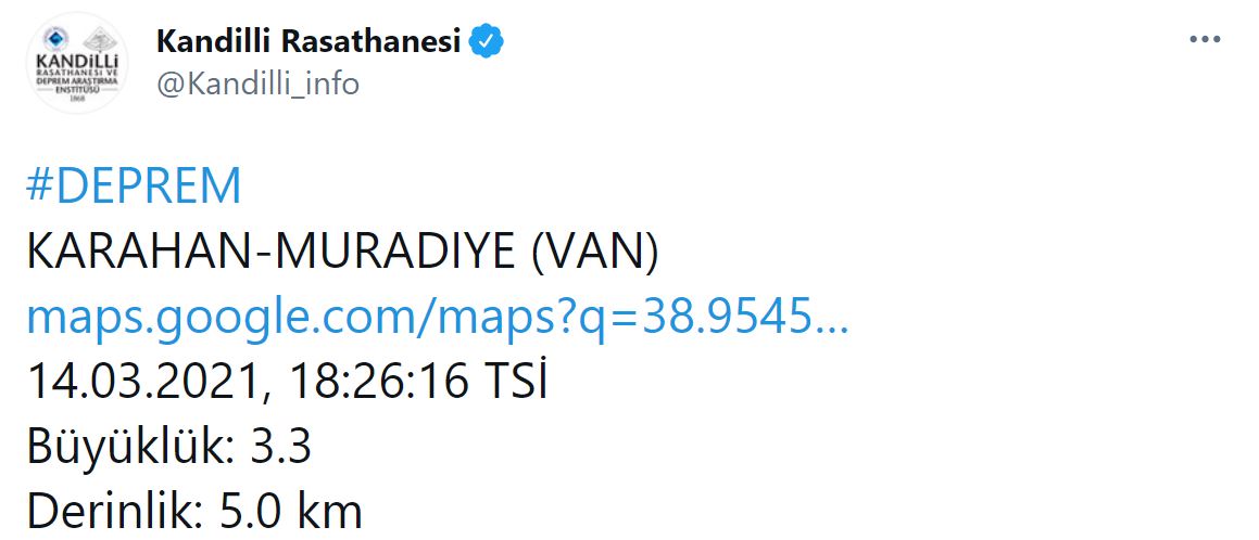 Van'da 3.3 şiddetinde deprem! 14 Mart Van'da deprem mi oldu?