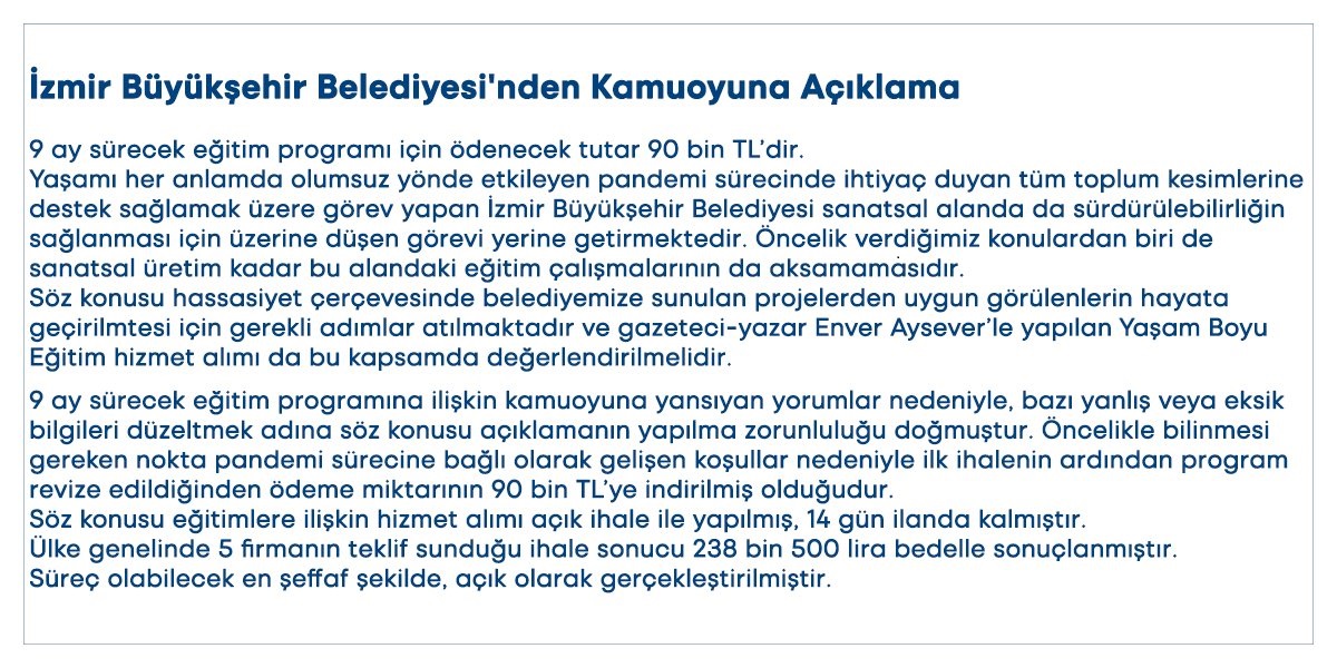 Skandalın belgeleri ortaya çıktı! İzmir Büyükşehir Belediyesi, 20 kişiye eğitim verecek olan Enver Aysever'e 238 bin 500 TL ödeyecek