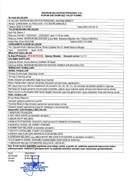 Bodrum Belediyesi 100 personel ve işçi alımı 2021 | Bodrum Belediyesi personel alımı başvuru şartları