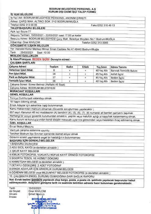 Bodrum Belediyesi 100 personel ve işçi alımı 2021 | Bodrum Belediyesi personel alımı başvuru şartları