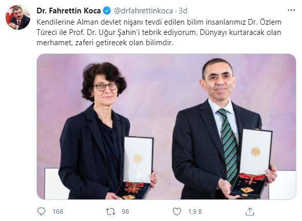 Bakan Koca,  Dr. Özlem Türeci ile Prof. Dr. Uğur Şahin'i tebrik etti!