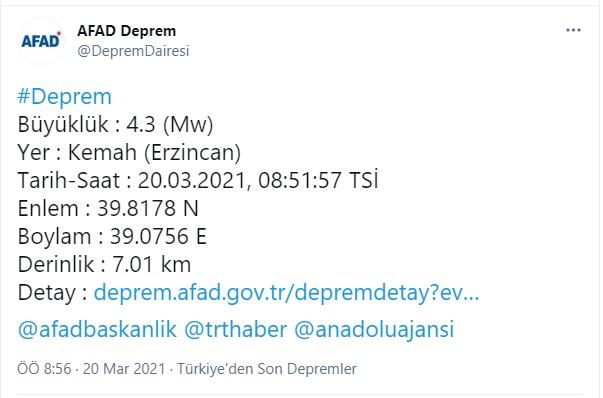 Son dakika... AFAD açıkladı: Erzincan Kemah'ta 4.3 büyüklüğünde deprem