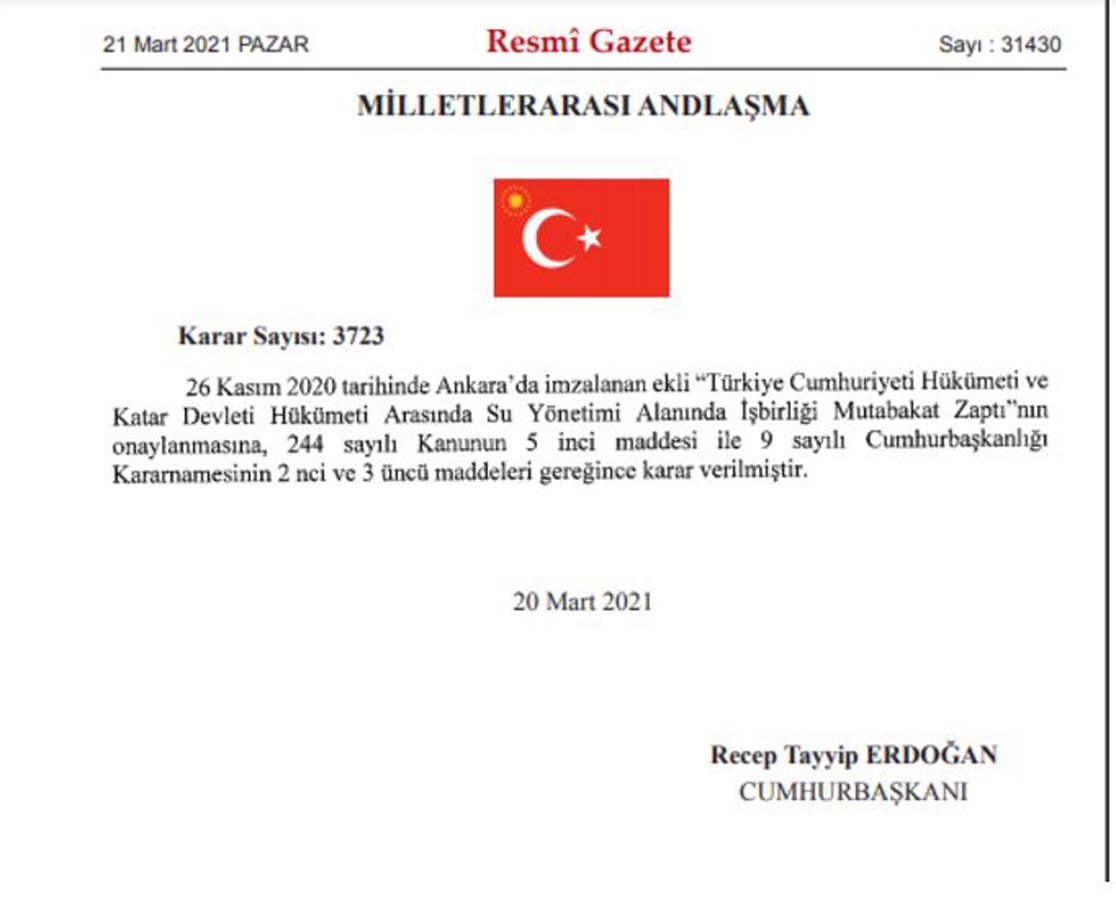 Resmi Gazete'de yayımlandı: Katar ile Türkiye arasından su yönetimi anlaşması onaylandı