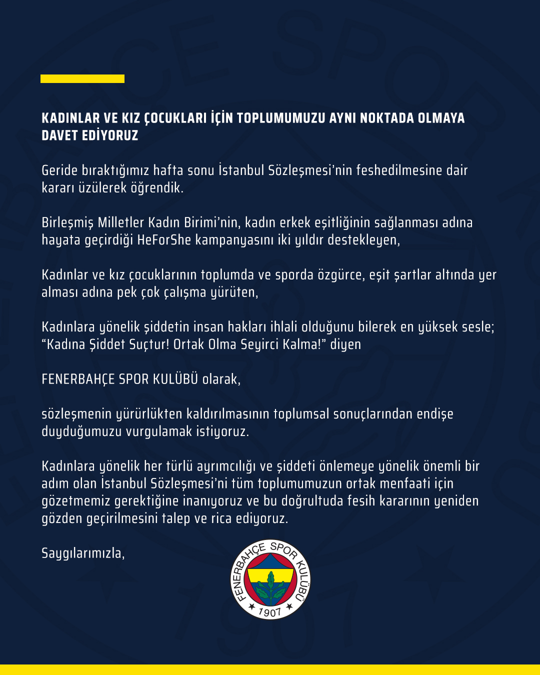 Son dakika| Fenerbahçe'den İstanbul Sözleşmesi açıklaması: Yeniden gözden geçirilmesini talep ediyoruz
