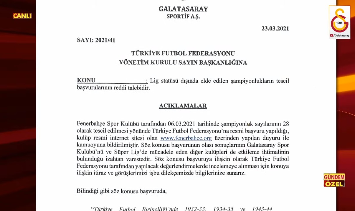 Son dakika | Galatasaray, Fenerbahçe'nin şampiyonluk başvurusunun reddi için TFF'ye başvurdu