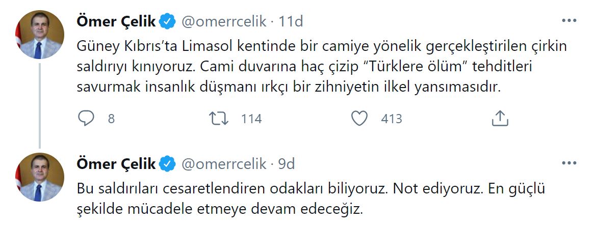 Son dakika | Ömer Çelik: Cami duvarına haç çizip “Türklere ölüm” tehditleri savurmak ırkçı bir zihniyetin ilkel yansımasıdır