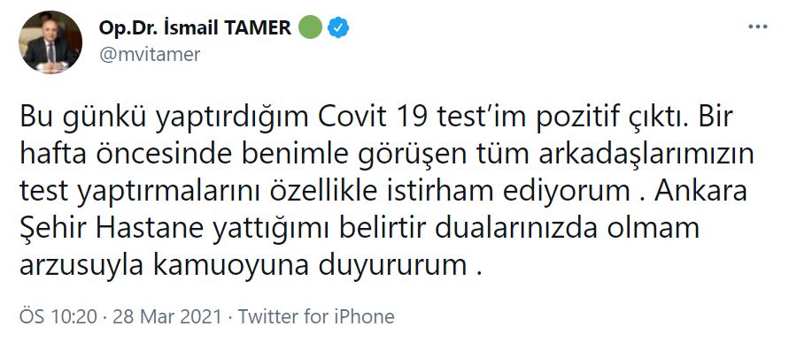 AK Parti Kayseri Milletvekili İsmail Tamer, koronavirüse yakalandı