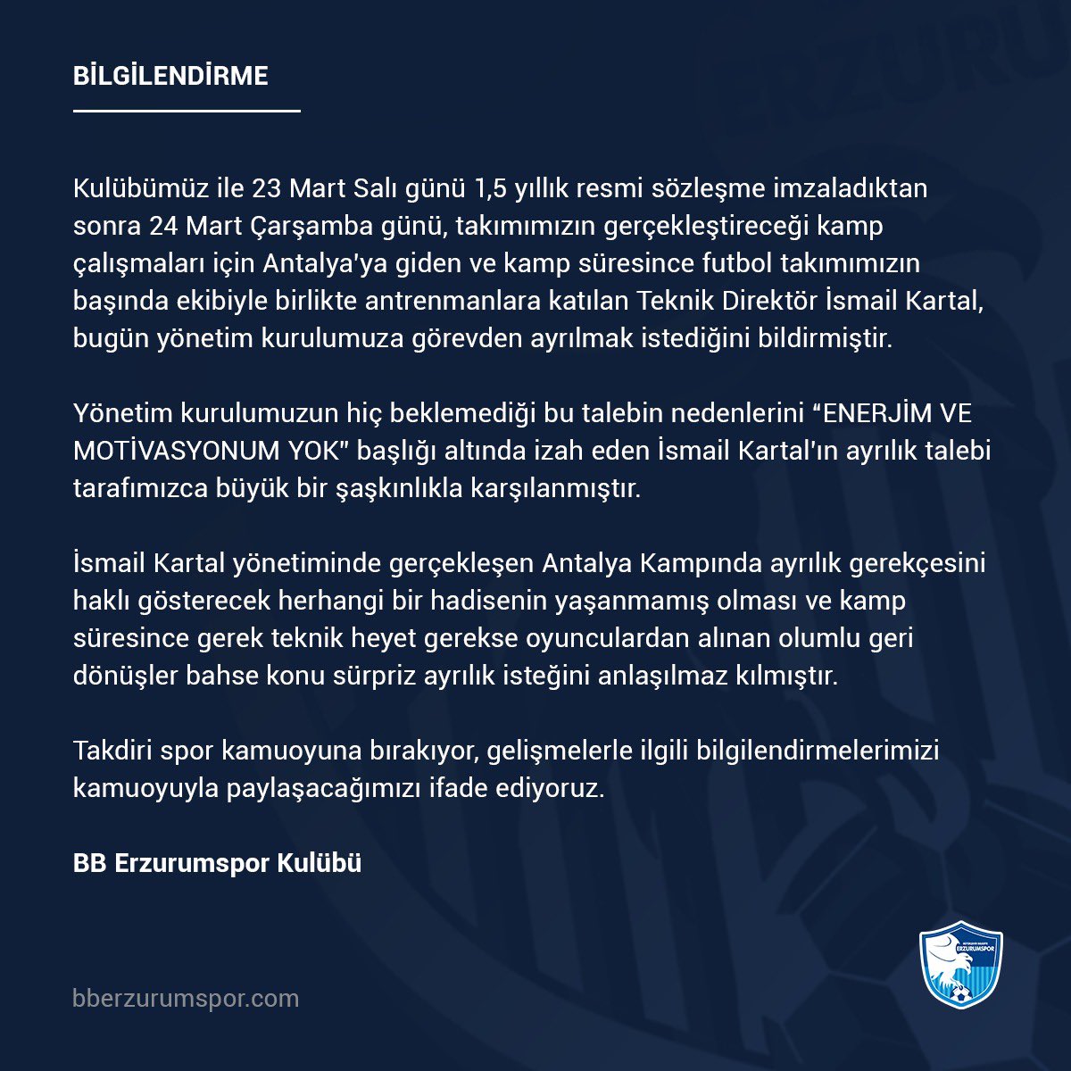 BB Erzurumspor'da 5 gün önce göreve getirilen İsmail Kartal'la yollar ayrıldı!