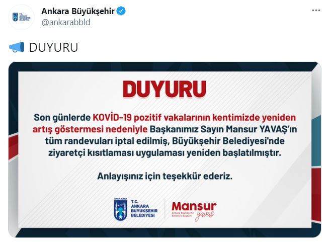 Vaka artışı nedeniyle Ankara Büyükşehir Belediye Başkanı Mansur Yavaş tüm randevularını iptal etti