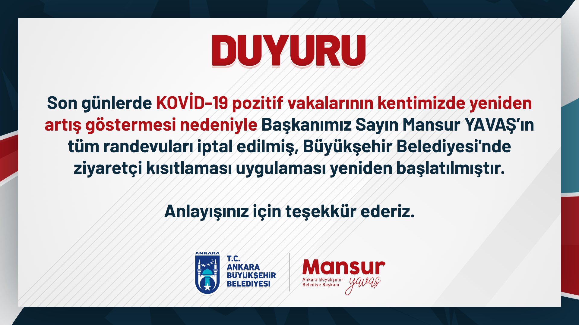 Vaka artışı nedeniyle Ankara Büyükşehir Belediye Başkanı Mansur Yavaş tüm randevularını iptal etti