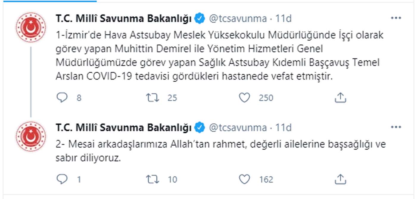 MSB acı haberi duyurdu: İki personel koronavirüse yenildi 