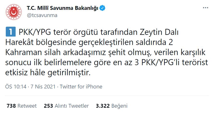MSB duyurdu! Zeytin Dalı Harekatı bölgesinde 2 askerimiz şehit oldu