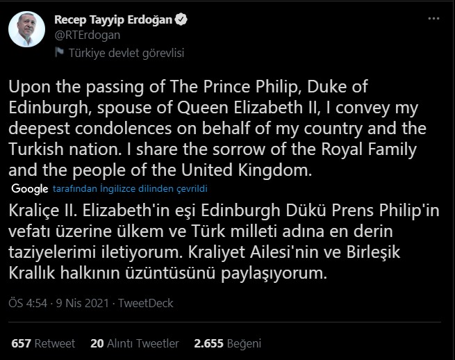 SON DAKİKA Cumhurbaşkanı Erdoğan dan Prens Philip için baş sağlığı diledi
