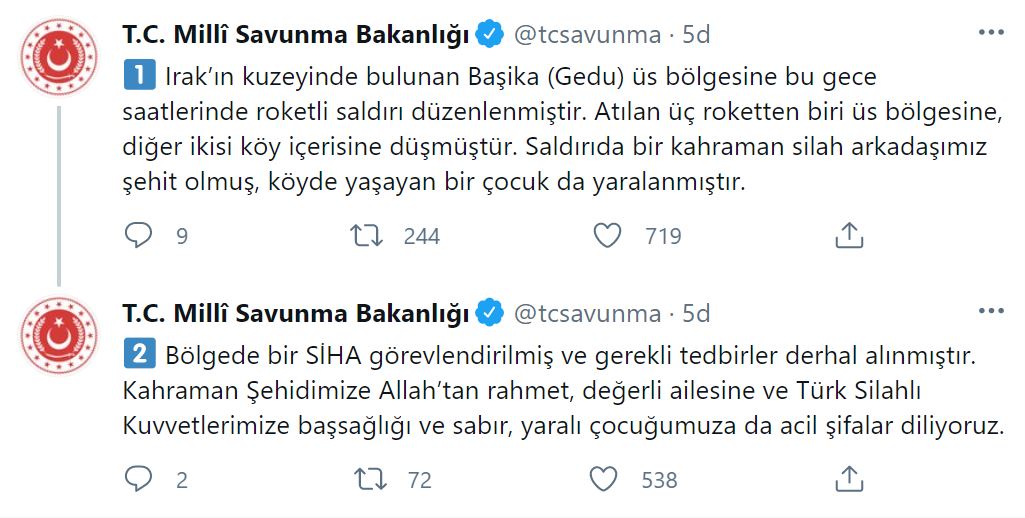 MSB acı haberi duyurdu! Irak’ın kuzeyinde bulunan Başika'da 1 askerimiz şehit oldu