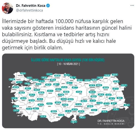 Bakan Koca paylaştı ! 100 binlik vaka haritası güncellendi