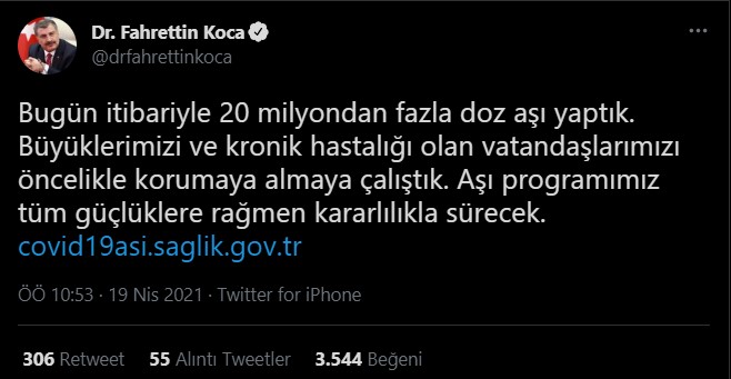 SON DAKİKA Sağlık Bakanı Fahrettin Koca Bugün itibariyle 20 milyondan fazla doz aşı yaptık
