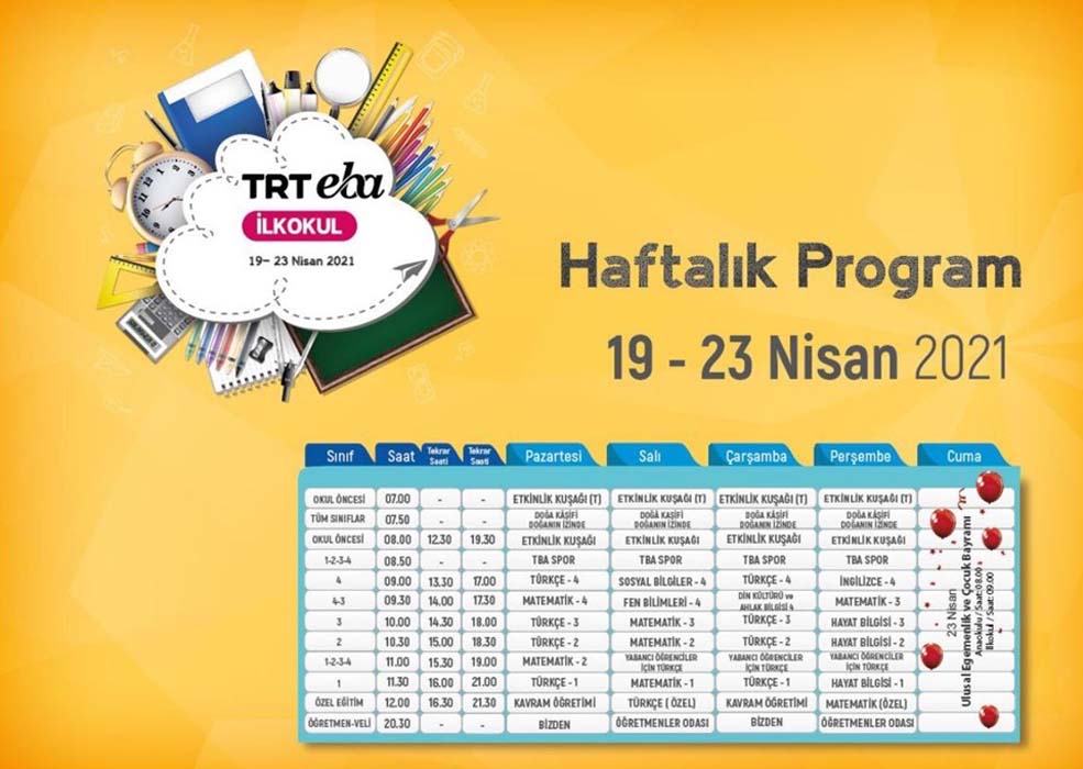 TRT EBA haftalık ders programı 2021 |19-25 Nisan EBA TV ders programı ve canlı ders saatleri