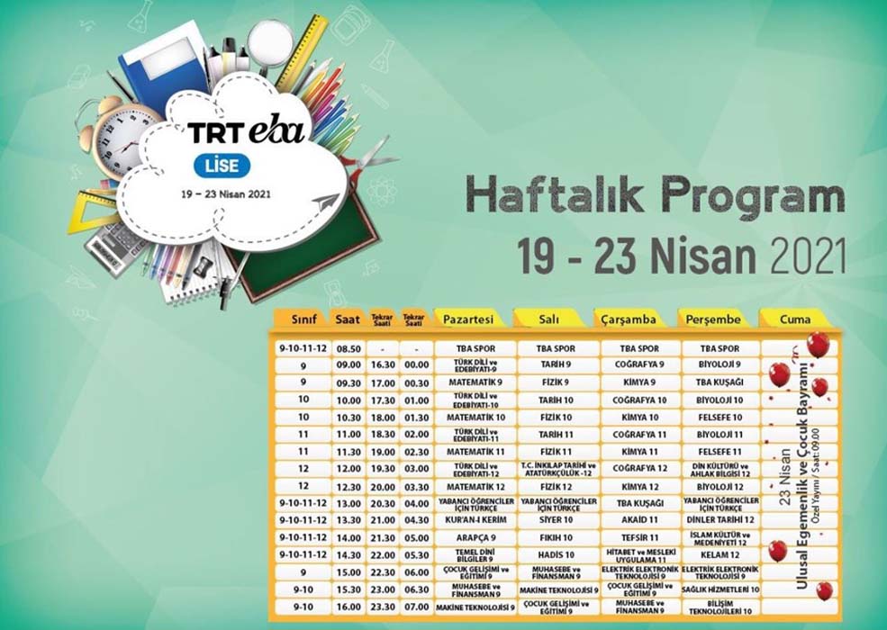 TRT EBA haftalık ders programı 2021 |19-25 Nisan EBA TV ders programı ve canlı ders saatleri