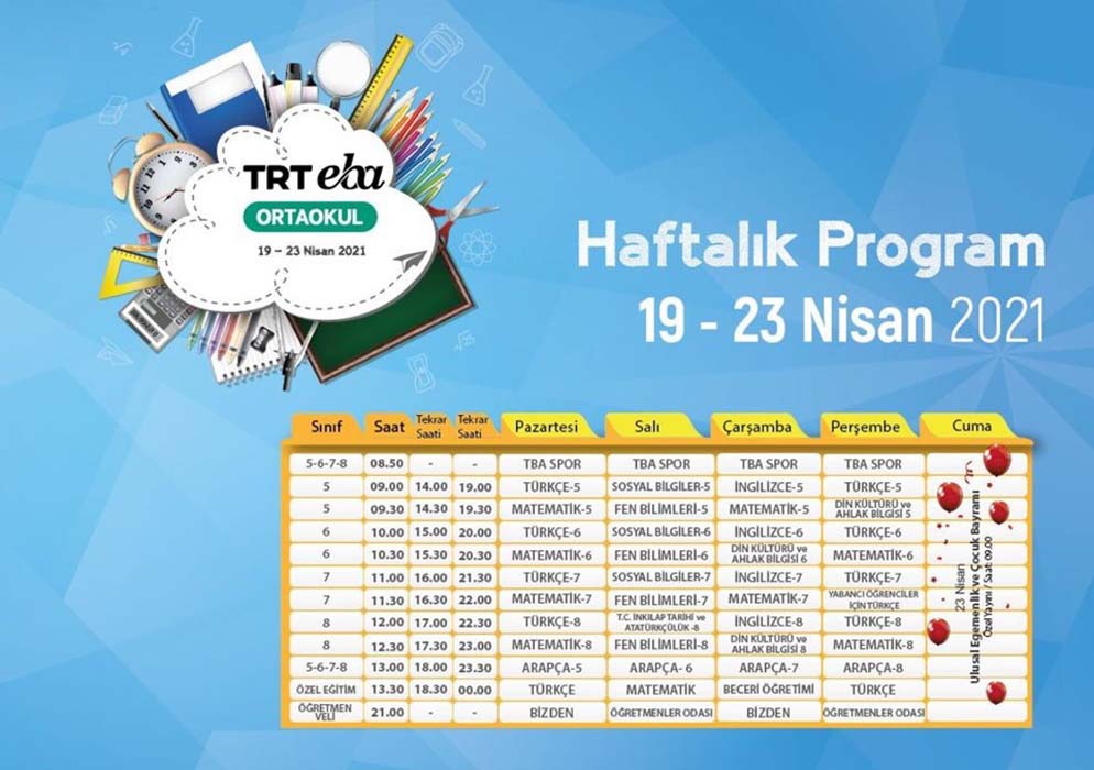 TRT EBA haftalık ders programı 2021 |19-25 Nisan EBA TV ders programı ve canlı ders saatleri