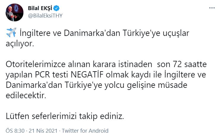 THY Genel Müdürü Bilal Ekşi duyurdu: İngiltere ve Danimarka'dan Türkiye'ye uçuşlar açılıyor