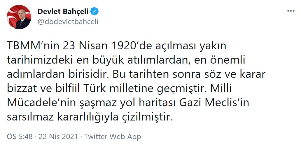 MHP lideri Bahçeli'den 23 Nisan paylaşımı!