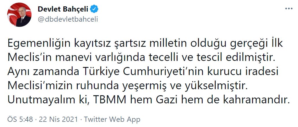 MHP lideri Bahçeli'den 23 Nisan paylaşımı!