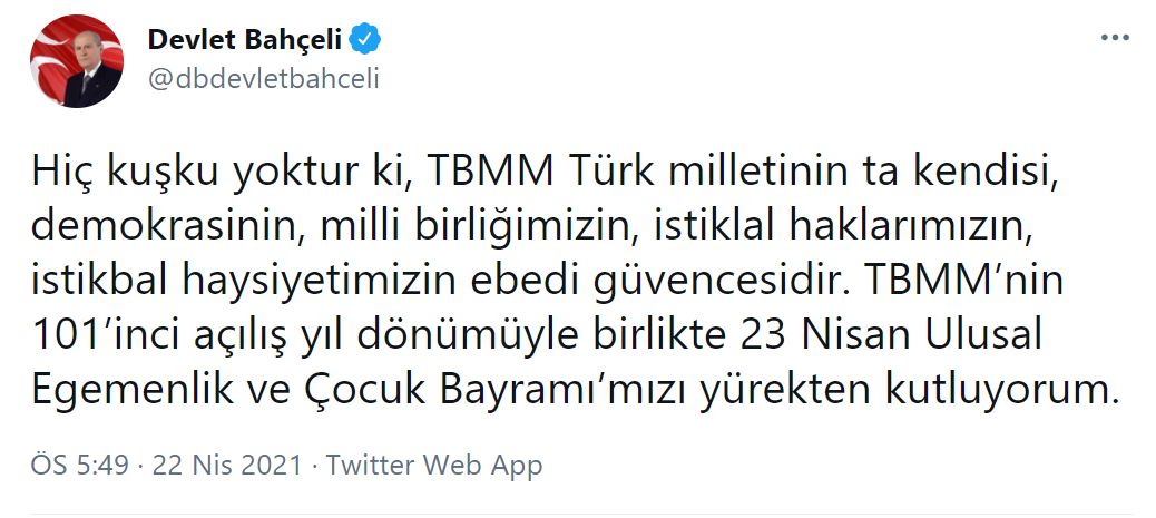 MHP lideri Bahçeli'den 23 Nisan paylaşımı!