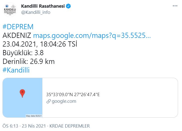 Kandilli Rasathanesi duyurdu! Akdeniz'de 3.8 şiddetinde deprem
