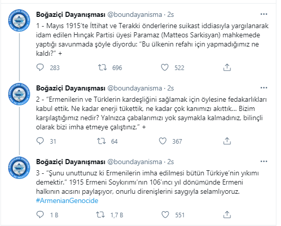 Boğaziçi Dayanışmasından tepki çeken 1915 Ermeni olayları paylaşımı! Tepkiler art arda geldi 