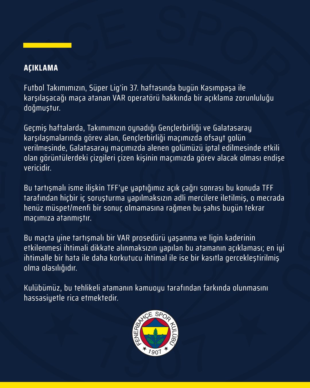 Fenerbahçe'den VAR açıklaması: Endişe vericidir