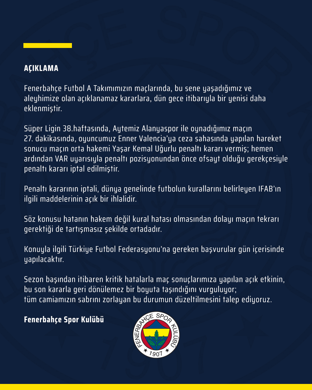 Son dakika | Fenerbahçe, Alanyaspor maçının tekrar oynanması için TFF'ye başvuacak