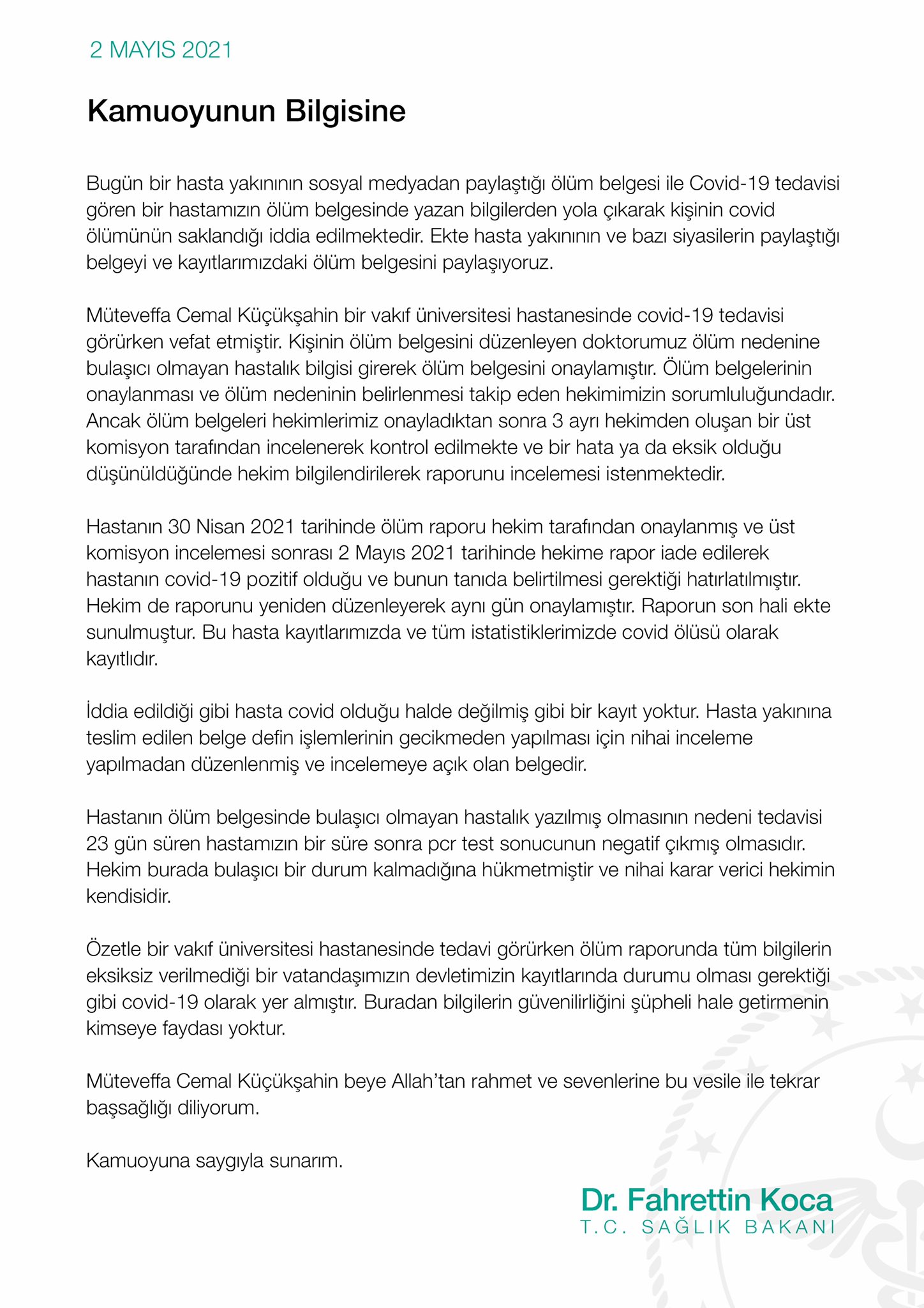 Gece yarısı paylaştı! Sağlık Bakanı Koca'dan Cemal Küçükşahin'in ölüm raporu hakkında açıklama